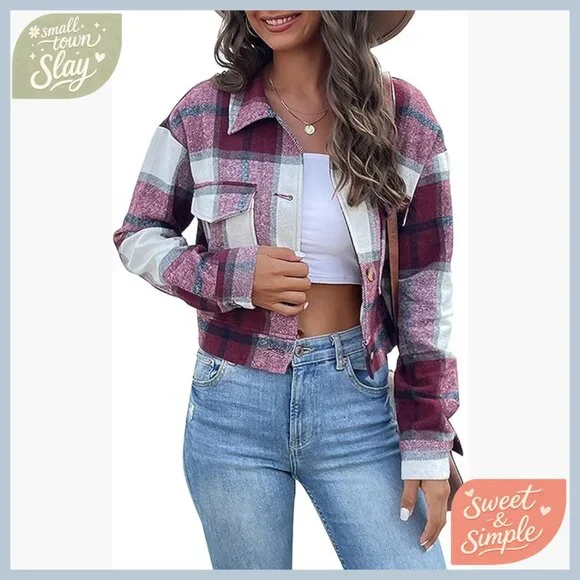 Flannel Cropped Plaid Shacket Jacket Button Down Long Sleeve Top - Picture 1 of 7